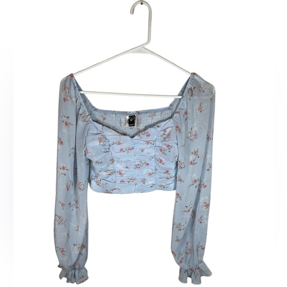 Windsor Tops - Windsor Sheer Crop Floral Blue Women's Blouse